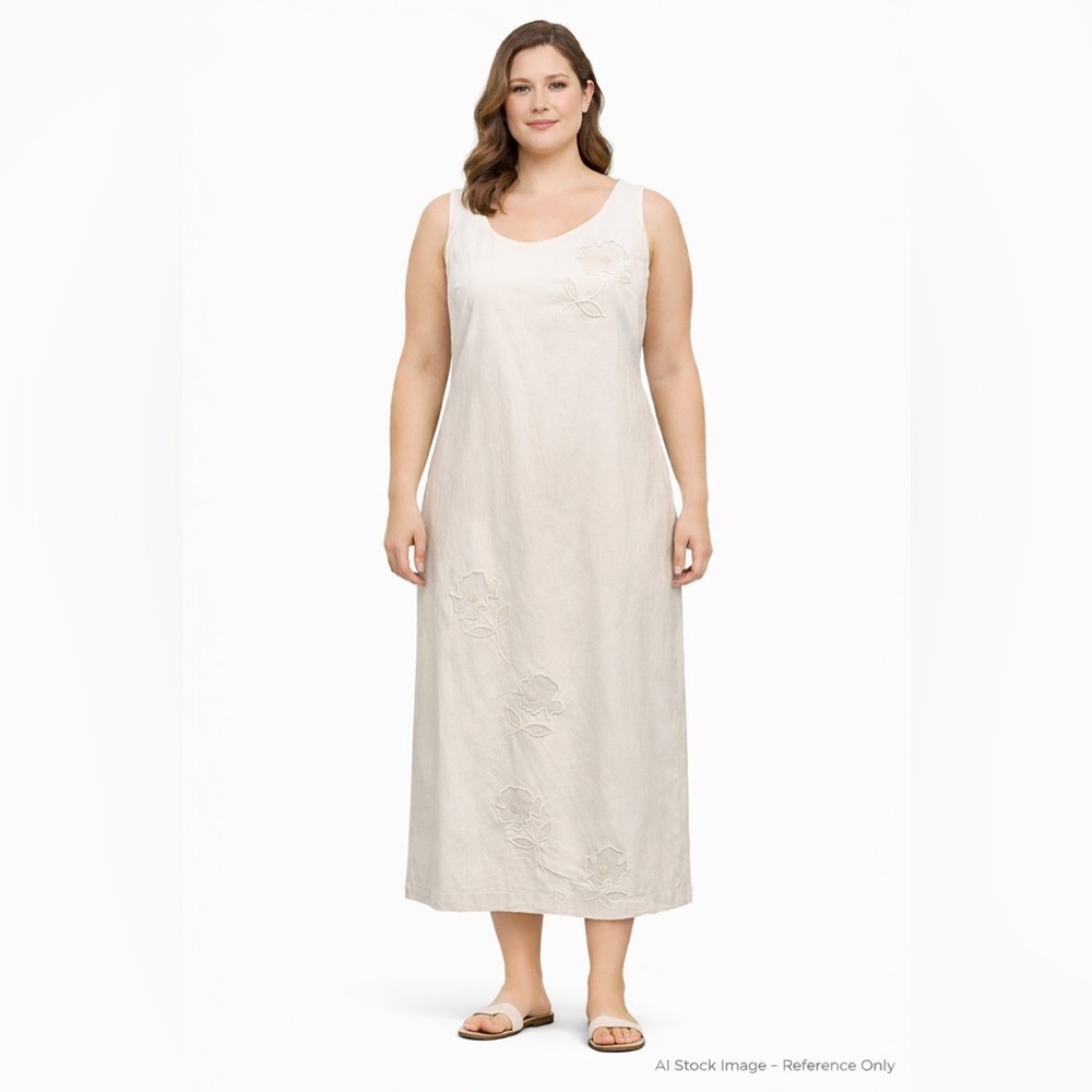 Karin Stevens Cream Linen Floral Cutout Dress M - Midi Shift NWT